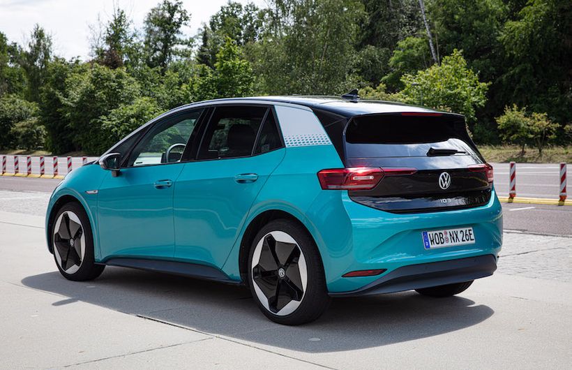 Turquoise VW ID.3 parked rear and left side